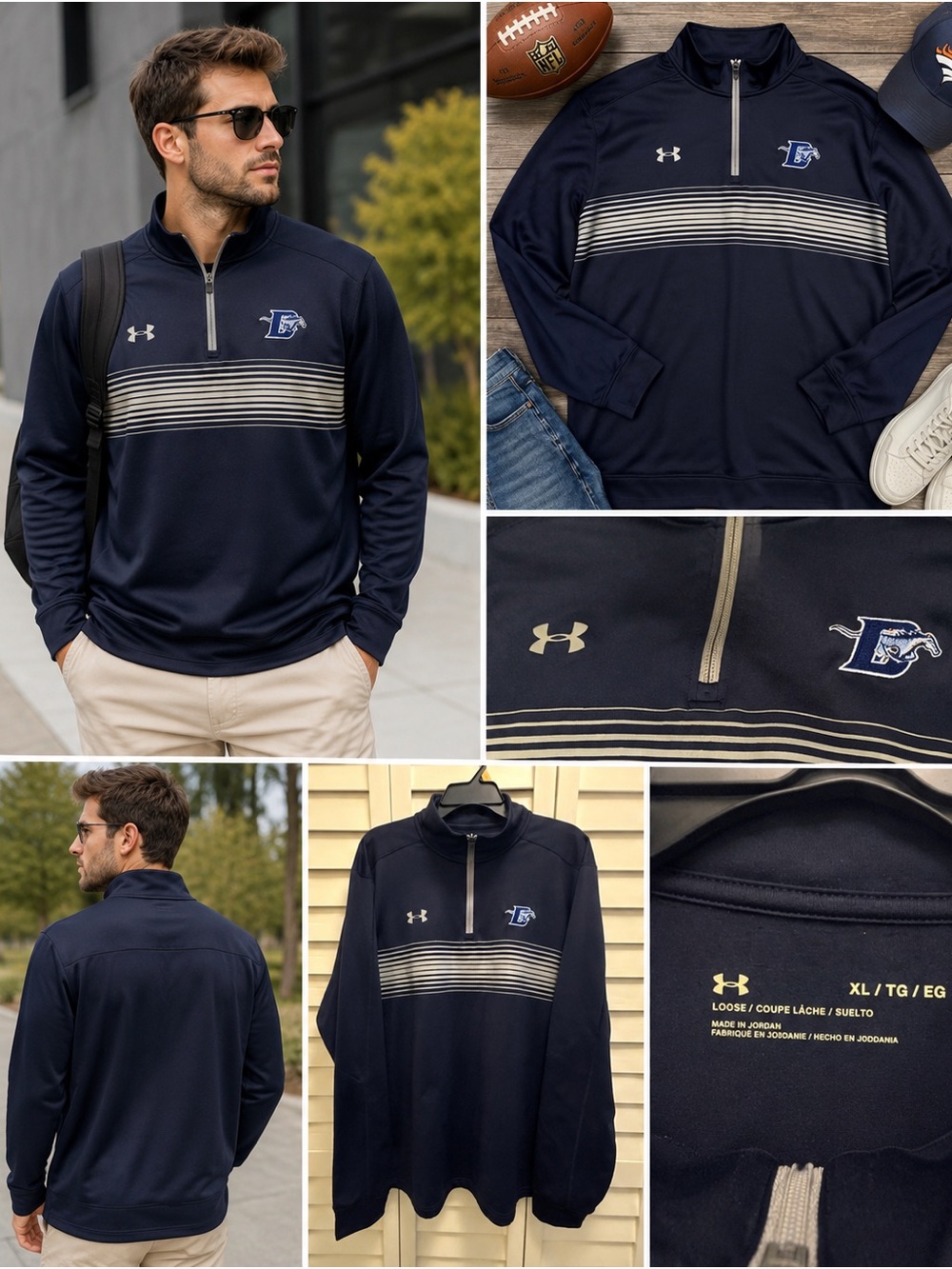 Under Armour Sweatshirt XL Blue Denver Broncos Quarter Zip Football Athletic Fit